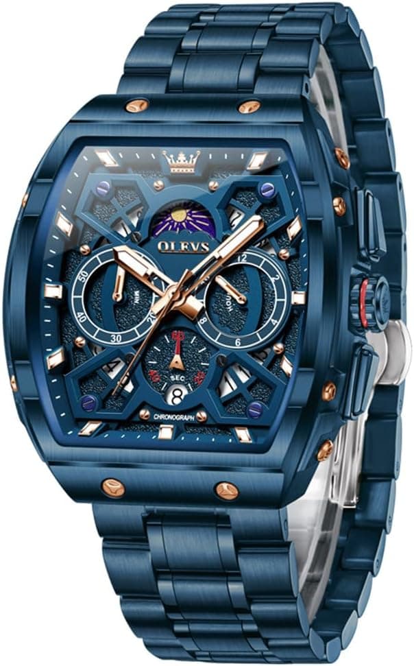 OLEVS Watches for Men Analog Quartz Luxury Diamond Waterproof Chronograph Stainless Steel Big Face Square Date Moon Phase Roman Numeral Dress Watch for Men