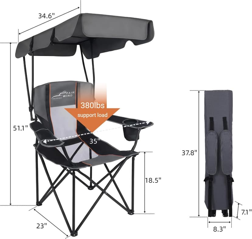 FAIR WIND Portable Canopy Camping Chair 380 LBS Capacity Heavy Duty Oversized Folding Lawn Chair with Sunshade for Beach, Fishing, Sports & Outdoors