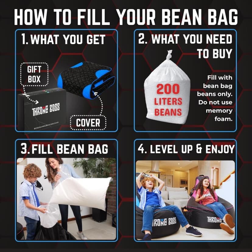 Throne Boss Gaming Bean Bag Chair Cover for Kids with High Back, Blue – Gamer Chair for Kids with 2 x Large Side Pockets, Headphone Hanger, Easy to Clean Fabric, Requires 200 Liters Polystyrene Beans