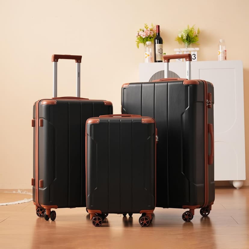 Merax Luggage Sets 3 Piece Hardshell 8 Spinner Wheels Lightweight Suitcase Corner Guards Travel Luggage (Black brown 20IN 24IN 28IN)