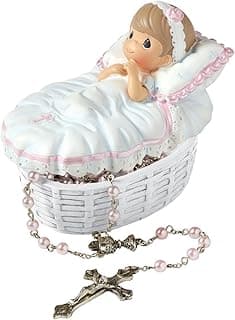 Precious Moments Baptized In His Name Resin Box with Rosary – Keepsake Baptism Gift for Baby Girl – Hand-Painted Religious Figurine, 153406
