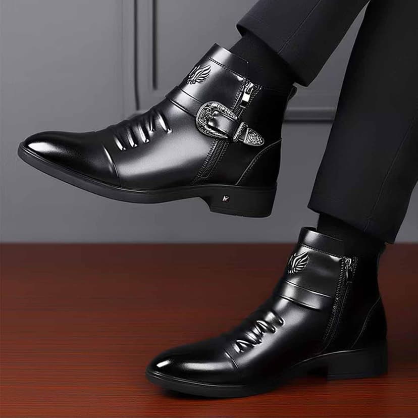 DONRRNDK Men's Leather Embossed Pattern Ankle Boots with Buckle Strap Retro Round Toe Side Zipper Non Slip Block Low Heel Dress Booties for Formal Casual Wear Short Boots