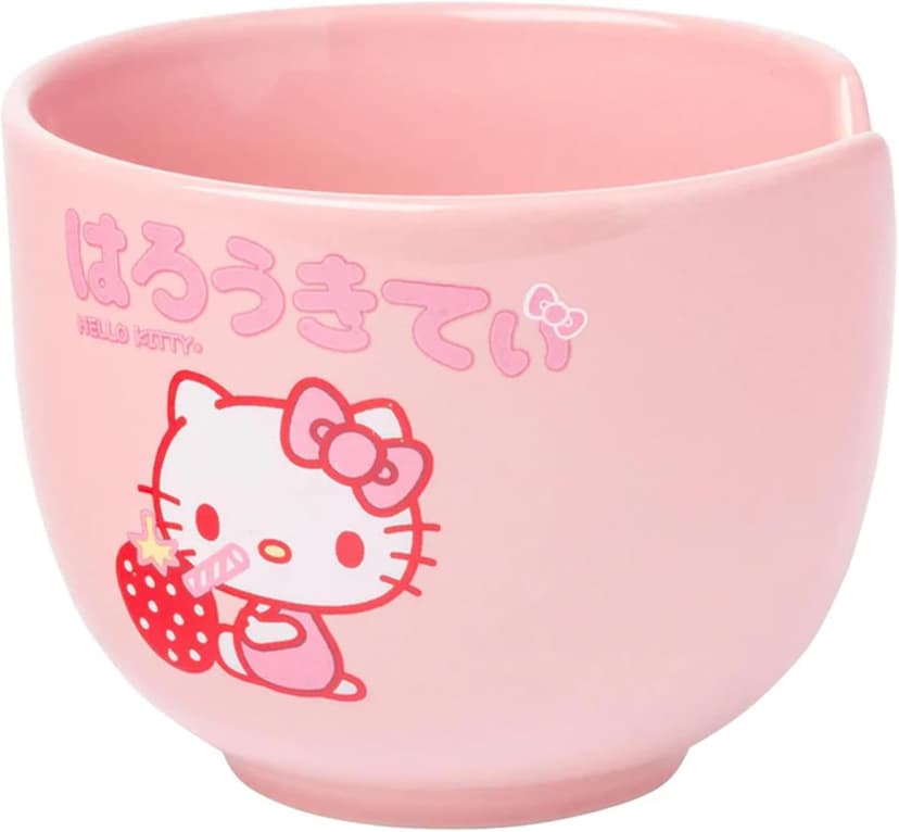 Silver Buffalo Sanrio Hello Kitty Strawberry Milk Japanese Character Ceramic Ramen Noodle Rice Bowl with Chopsticks, Microwave Safe, Pink, 20 Ounces