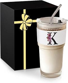 Initial Glass Cup with Lid Straw Ribbed Ice Tea Clear Tumbler Her Sister Coffee Matcha Latte Girlfriend Gf Aunt Best Friend Friendship Bestie Wife Cute Asthetic Unique Birthday Personalized Gift K