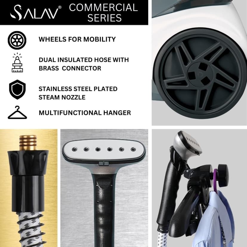 SALAV Heavy Duty Commercial Full-Size Garment Steamer with Foot Pedals and Extra Large 3L (101.5 oz) Water Tank, 1800 watts, 90+min of Continuous Steam (White)