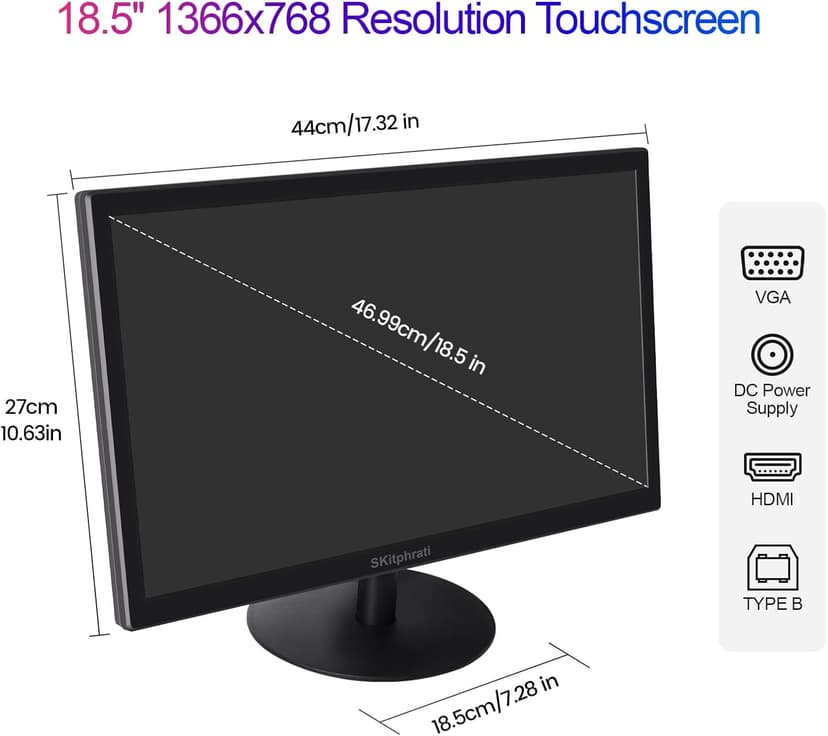 SKitphrati 18.5 Inch Touchscreen Monitor HD 1366x768, VESA Wall Mountable, 10-Points Computer Touch Screen PC Display with Type-B HDMI VGA Port, 75Hz Desktop Touch Display, Black