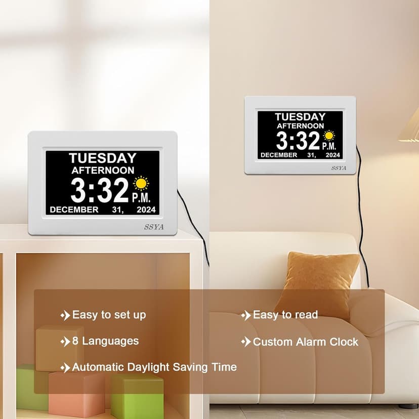 SSYA Digital Calendar Alarm Clock - Dementia Clocks for Seniors, Non-Abbreviated Memory Loss Clock with Date and Time for Elderly (White)