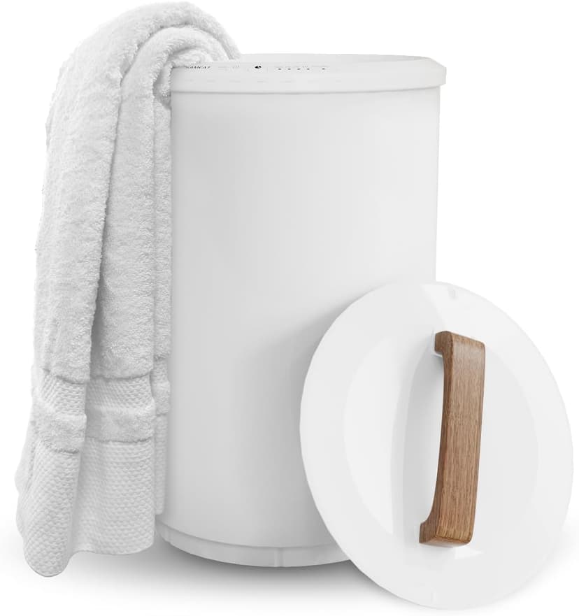 SAMEAT Heated Towel Warmers for Bathroom - Large Towel Warmer Bucket, Wood Handle, Auto Shut Off, Fits Up to Two 40"X70" Oversized Towels, White B0C7KQTXV1