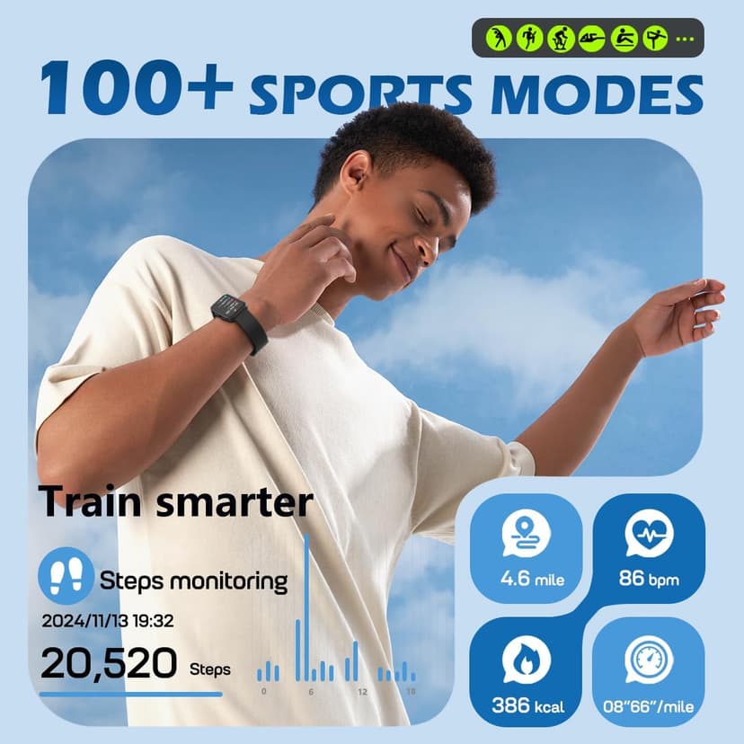 MorePro Health Fitness Tracker with Blood oxy-gen Monitor and 24/7 Heart Rate and Blood Pressure, Sleep Monitor, 120+ Sport Modes Waterproof Fitness Watch for Women Men Android iOS, Black