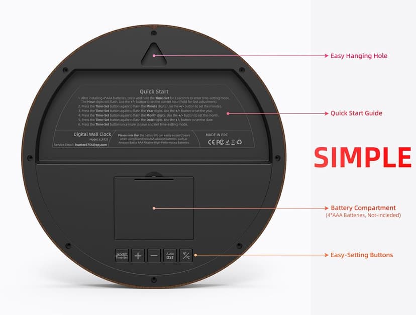 Digital Wall Clock with Date, Indoor Temperature, Auto-DST, Battery-Operated Digital Clock, 8 Inch Small Decorative Wood Wall Clock for Bedroom, Living Room, Kitchen, Office, Modern, Electric, Simple