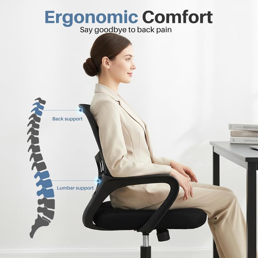 DUMOS Home Office Desk Chair - Ergonomic Mid Back with Lumbar Support & Rocking Mode, Height Adjustable with Fixed Armrest, for Conference, Computer, Meeting Room, 360° Swivel, Adults, Black