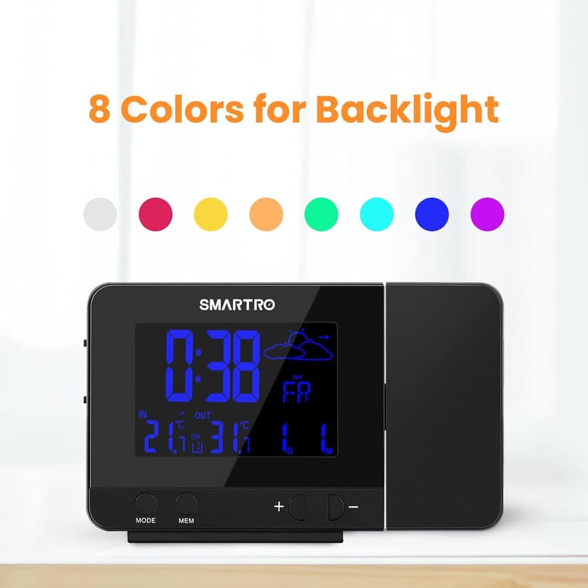 SMARTRO SC31B Digital Projection Alarm Clock with Weather Station, Indoor Outdoor Thermometer for Bedrooms, USB Charger, AC Battery Operated