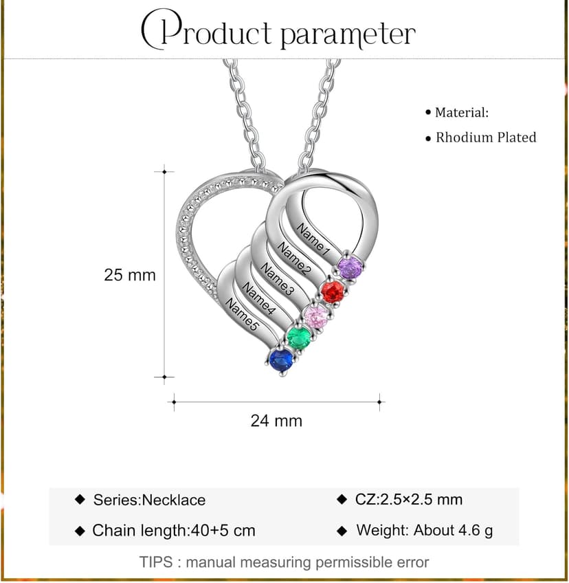 Jeweidea Personalized Heart Necklace with 2-6 Simulated Birthstones Custom Name Mother Daughter Chain Pendant for Women Mom Birthday
