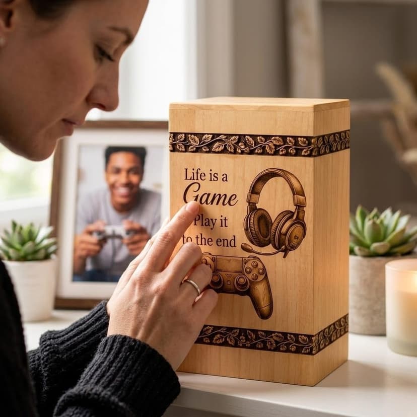Steamed Beech Wood Gaming Memorial Urn Box for Ashes, Handmade Wooden Cremation Urn, Gamer Funeral Keepsake and Remembrance Box, Gamer urn, Gaming Memorial urn B0HH7PF8LT