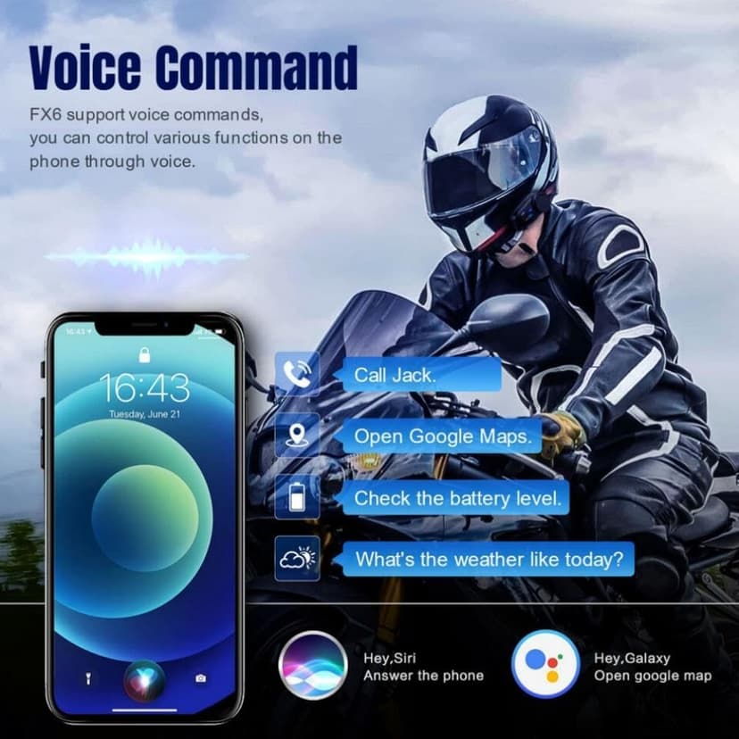 Fodsports FX6 Motorcycle Bluetooth Headset, 6 Riders Group Motorcycle Intercom Bluetooth, 1000M Motorbike Helmet Communication Systems/Voice Command/Universal Pairing/FM Radio(2 Pack)