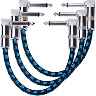 GOGHOST 3-Pack 6 Inch Guitar Patch Cable with 1/4" Right Angle Plugs, Black and Blue Tweed Woven Jacket (Guitar Effect Pedal Board Patch Cables)