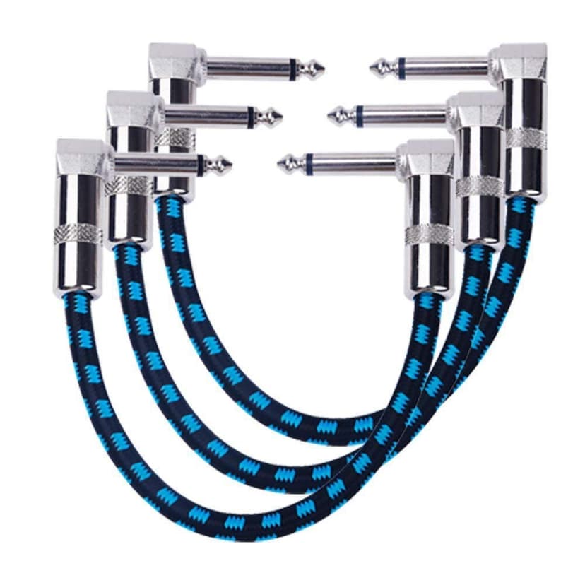 GOGHOST 3-Pack 6 Inch Guitar Patch Cable with 1/4" Right Angle Plugs, Black and Blue Tweed Woven Jacket (Guitar Effect Pedal Board Patch Cables)
