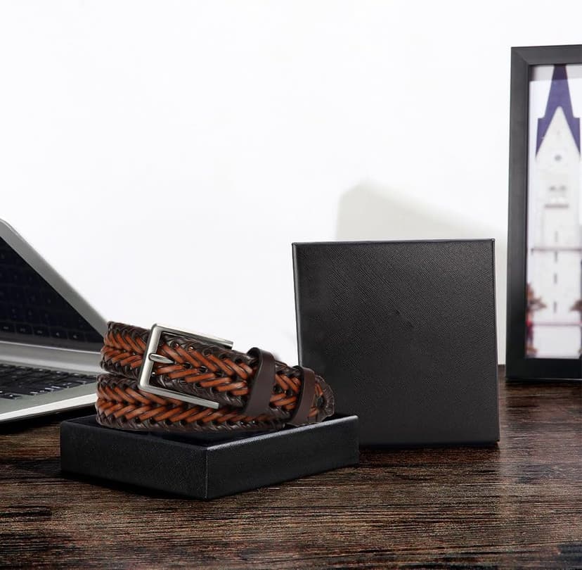 YOORAN Leather Braided Belts Men Golf Belt 1 3/8" Woven Belt Casual Jeans Gift Box