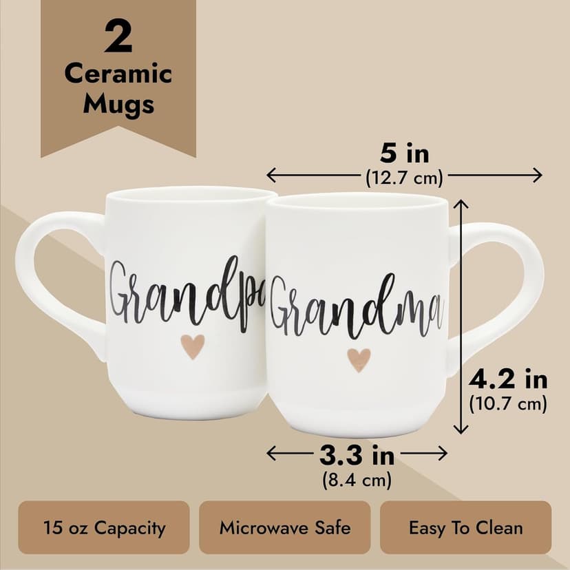 Sparkle and Bash Grandma & Grandpa Mugs - 15 Oz White 2-Pack Ceramic Modern - Grandparent Announcement Coffee Mug Set - Gifts for Grandparents First Time