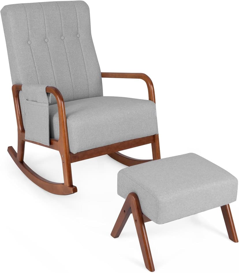 Giantex Rocking Chair with Ottoman, Upholstered Rocker Chair w/Solid Rubber Wood Frame, Side Pocket, Linen Nursery Chair w/Footrest, Tufted Glider Chair for Living Room, Bedroom, Grey