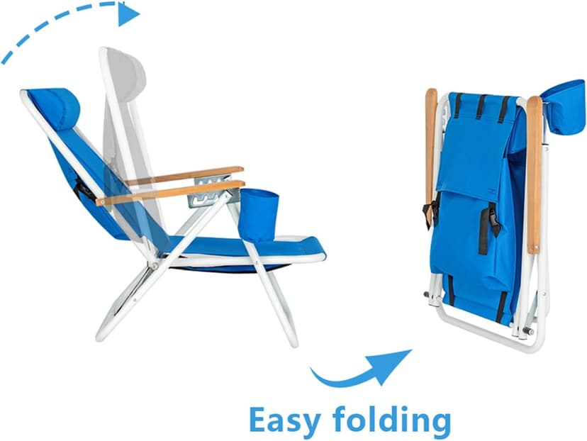 Generic Folding Beach Chair Camping Chair, Modern Style, Blue, Solid, Four Reclining Positions, Travel-Friendly Design, Plush Headrest, Wooden Armrests, Built to Last, Supports Up to 265 lbs