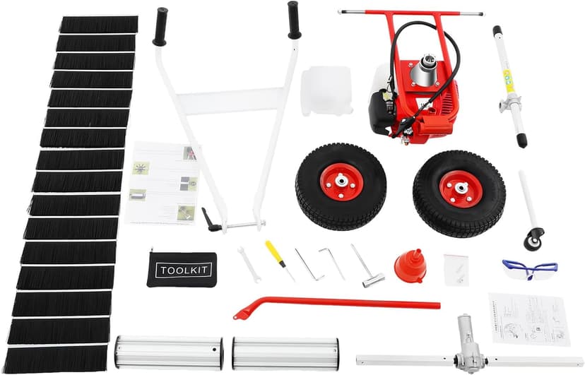 43CC 2 Stroke Gasoline Powered Broom Sweeper, 1.25kw/1.7hp Driveway Lawn Grass Sweeper Snow Cleaning Grit, 8500rpm Hand Push Walking Snow Sweeper for Garden Lawn Yard Sidewalk Turf Grass Cleaning