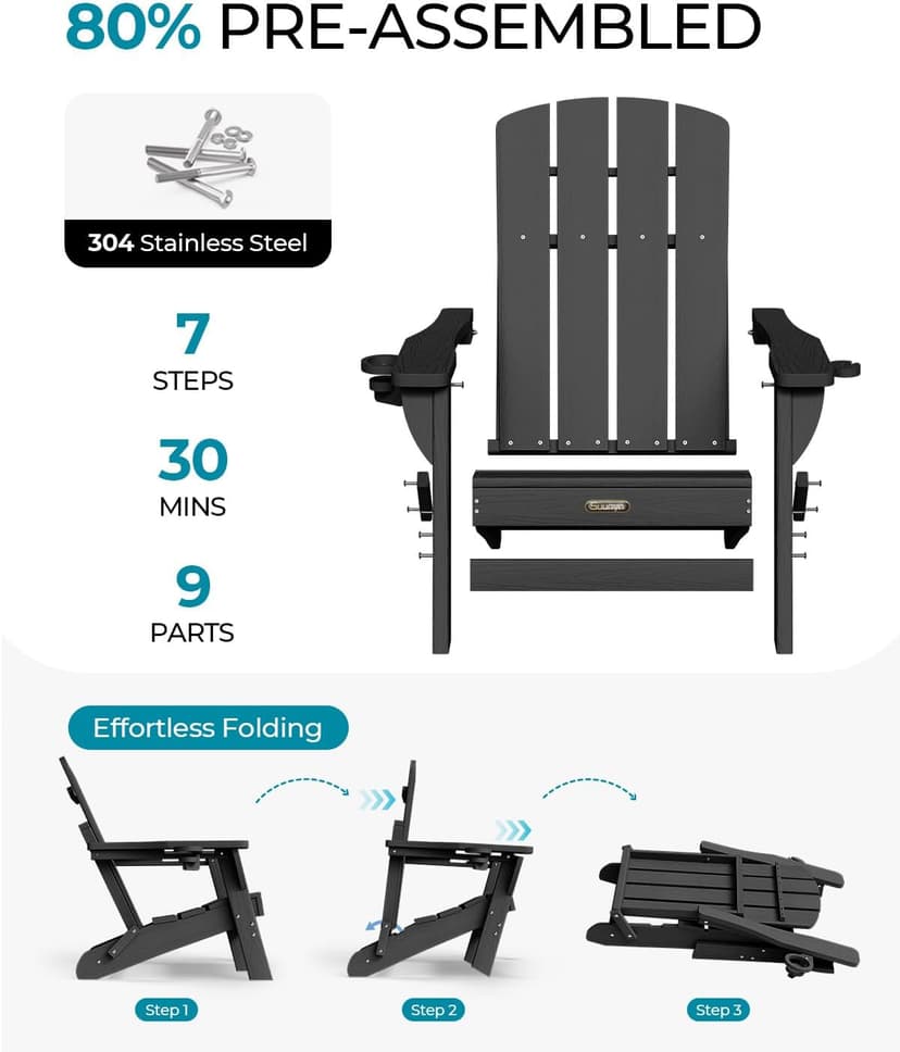 Folding Adirondack Chair, HDPE All-Weather Fire Pit Chairs, Plastic Adirondack Chairs with 2 Cup Holder, Outdoor Lawn Chair for Patio Garden (Black)