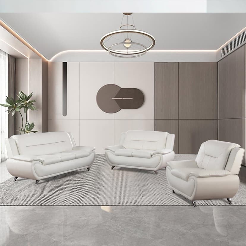 Leather Sofa Set for Living Room 3 Piece Living Room Furniture Set Modern Couch Set with 3-Seater Sofa, Loveseat and Armchair (Cream White)