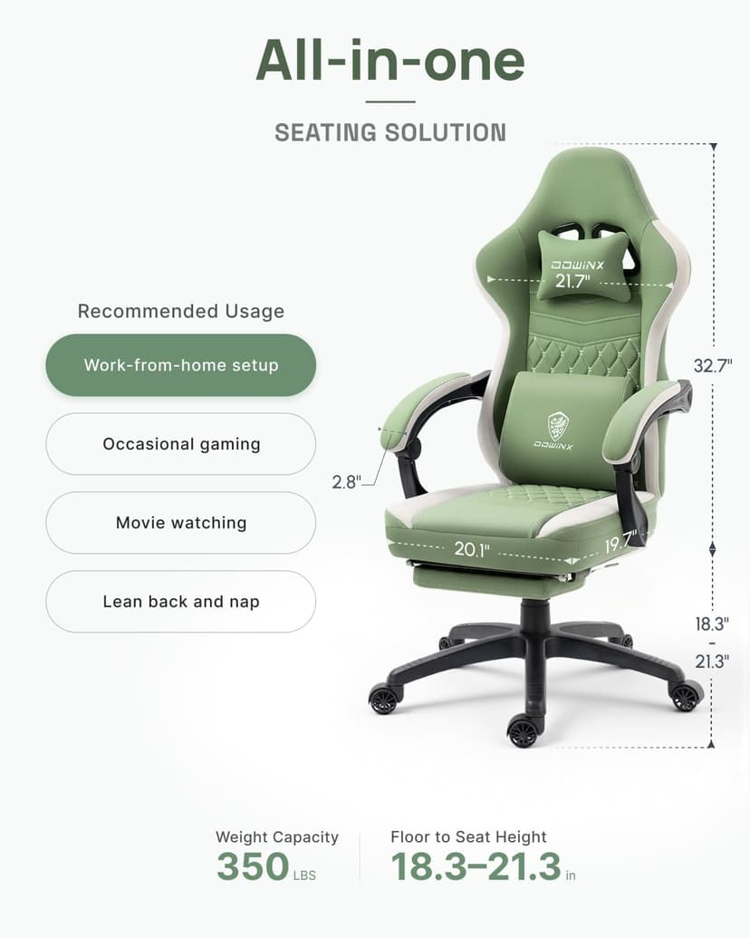 Dowinx Gaming Chair Breathable Fabric Game Chair with Gel Pad and Storage Bag, Comfortable Gamer Chair with Pocket Spring Cushion, Ergonomic Computer Chair with Footrest, Green