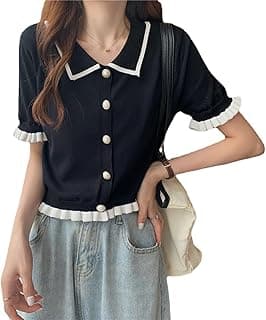 LREUIP Chic Korean Style Academy Style, Contrasting Navy Collar, Versatile Bubble Sleeve Shirt, Loose top, Elegant Goddess