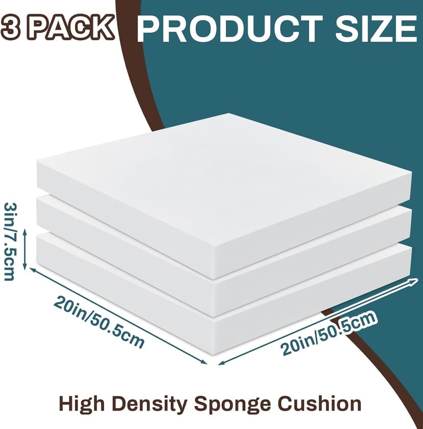 Frienda 3 Pack 3 x 20 x 20 Inch Upholstery High Density Foam Cushion Replacement Square Cut to Size Foam Couch for Chair Couches Padding Shipping Packing DIY Cosplay Projects