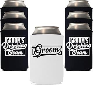Veracco Groom's Drinking Team Can Coolie Holder Bachelor Party Wedding Favors Gift For Groomsmen Proposal (12, Wht Groom, Blk DT)