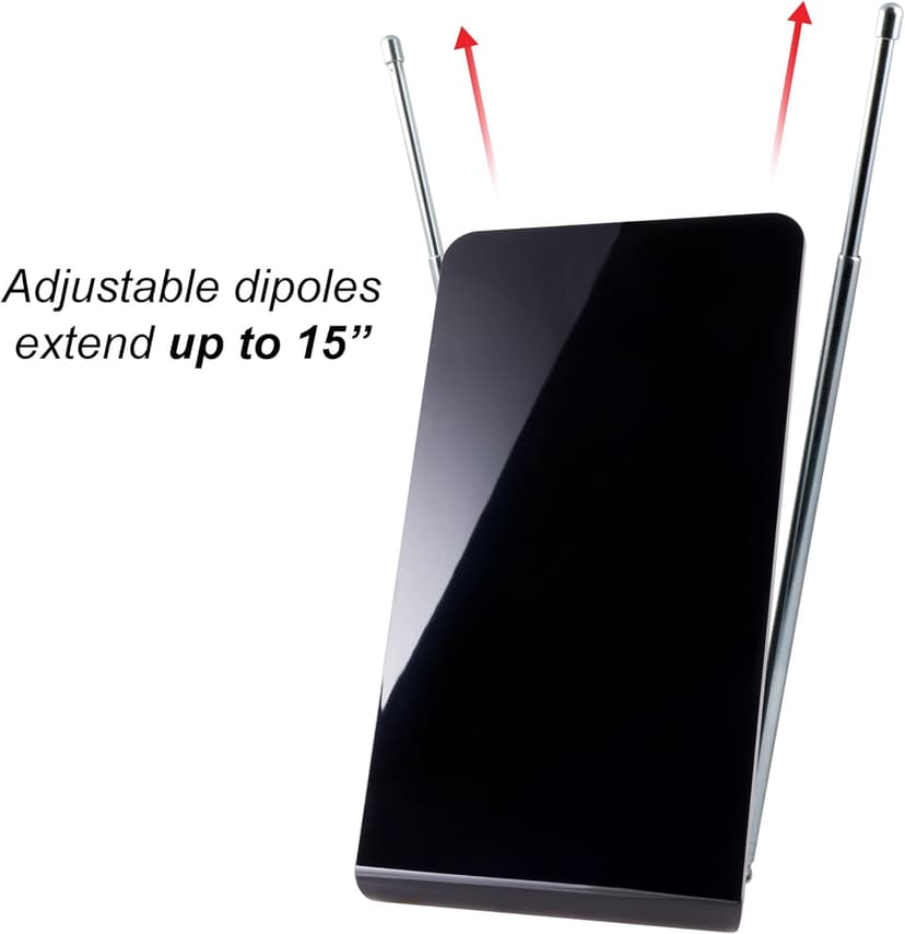 GE Flat Panel Indoor HD Digital TV Antenna, Long Range Smart TV Antenna, Supports 4K 1080P HD Smart TV VHF UHF, Extendable Dipole Rabbit Ears, Adjustable Stand, 5ft Coax HDTV Cable, 33681