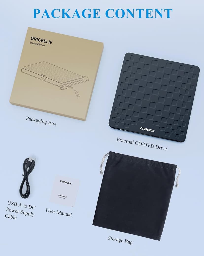 ORIGBELIE External CD DVD Drive for Laptop, USB 3.0 Type-C Ultra Slim 13mm DVD Player Portable CD DVD +/-RW Drive CD Burner Reader Writer Recorder for Desktop PC Windows 11/10/8/7 Linux Mac OS (Black)