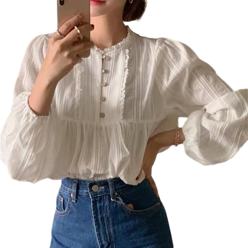 UICIOP Korean Version of Women's Shirt, Women's Sweet Round Neck Pleated Small lace top, Women's Long Sleeved Shirt top