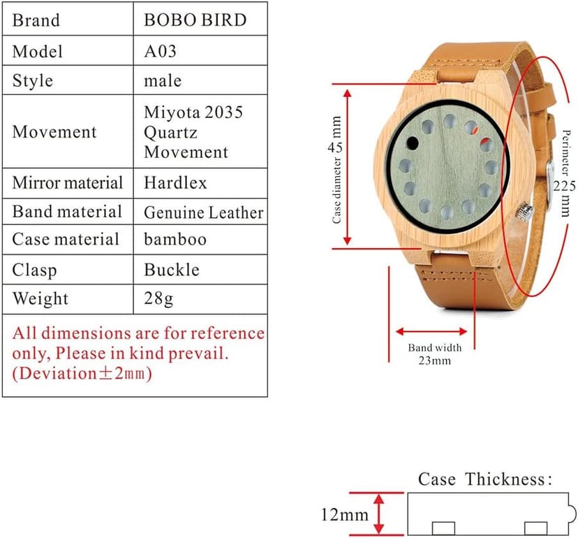 BOBO BIRD Men's Bamboo Wooden Watch with Black Cowhide Leather Strap 12 Holes Timer Design Sports Casual Watches