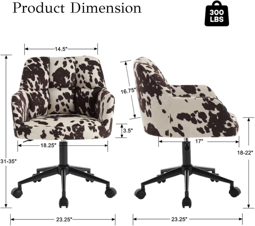 CIMOTA Cow Print Office Chair with Wheels, Height Adjustable Swivel Desk Chair with Arms & Mid Back, Comfy Fabric Vanity Computer Chair for Home Office/Living Room/Bedroom