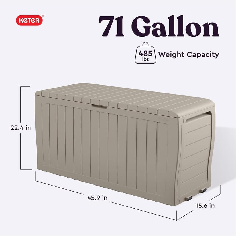 Keter Marvel Plus 71 Gallon Resin Outdoor Storage Box for Patio Furniture Cushions, Throw Pillows, Garden Tools and Pool Floats, Beige