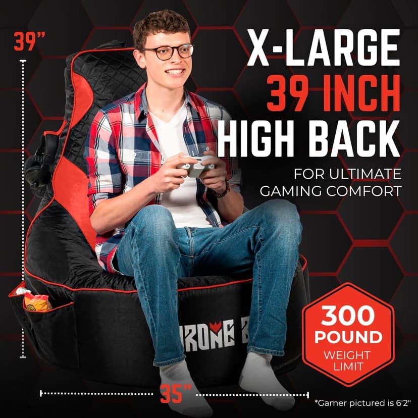 Throne Boss Gaming Bean Bag Chair Cover for Adults with High Back, Red – Large Floor Gaming Chair Cover, Easy to Clean Fabric, Large Pockets, Headphone Hanger, Requires 350 Liters Polystyrene Beans