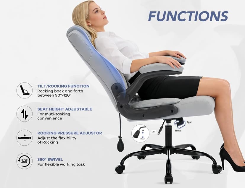 Office Chair with Adjustable Inflatable Lumbar Support,Leather Ergonomic Computer Desk Chair with Flip-up Arms,Adjustable Tilt Lock,Swivel Rolling Executive PC Chair for Work,Study,Meeting.Grey