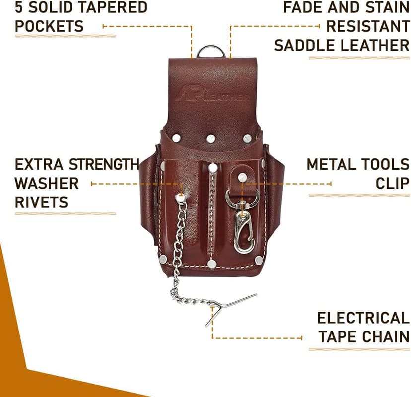 Ap-Leather Pro-5 Electrician Pouch, Leather Tool Pouch, 5 Pocket Pouch with Electrical Tape Holder, Durable Compartments, Tool Pouch with Belt Clip, Dark Brown