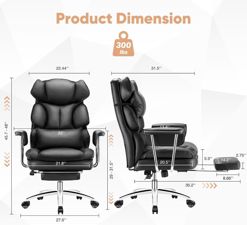 Sweetcrispy Executive Home Office Desk Chair - Ergonomic Big Tall High Back with Footrest & Lumbar Support, Reclining Height Adjustable, Comfy PU Leather Computer Gaming with Swivel Wheels, Black