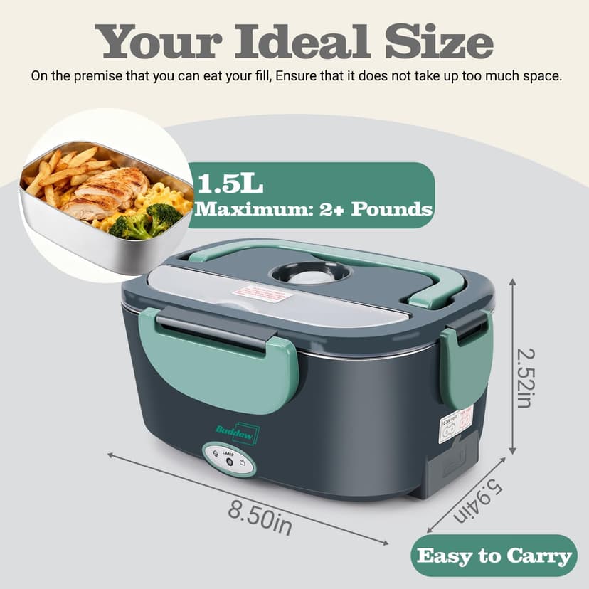 Buddew Electric Heated Lunch Box, 100W Fast Heating, 1.5L Food-Grade 304 Stainless Steel, 12V/24V/110V Portable Food Warmer for Car Truck Office Adults, Lonchera Electrica Portatil (Green) B09G2X39MK