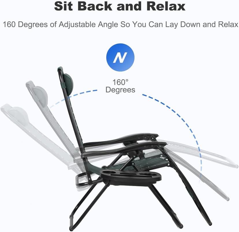 Nazhura Set of 2 Relaxing Recliners Patio Chairs Adjustable Steel Mesh Zero Gravity Lounge Chair Beach Chairs with Pillow and Cup Holder (Dark Green)