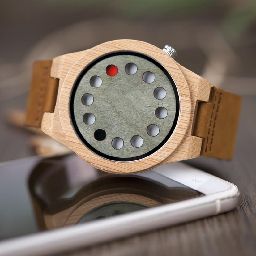 BOBO BIRD Men's Bamboo Wooden Watch with Black Cowhide Leather Strap 12 Holes Timer Design Sports Casual Watches
