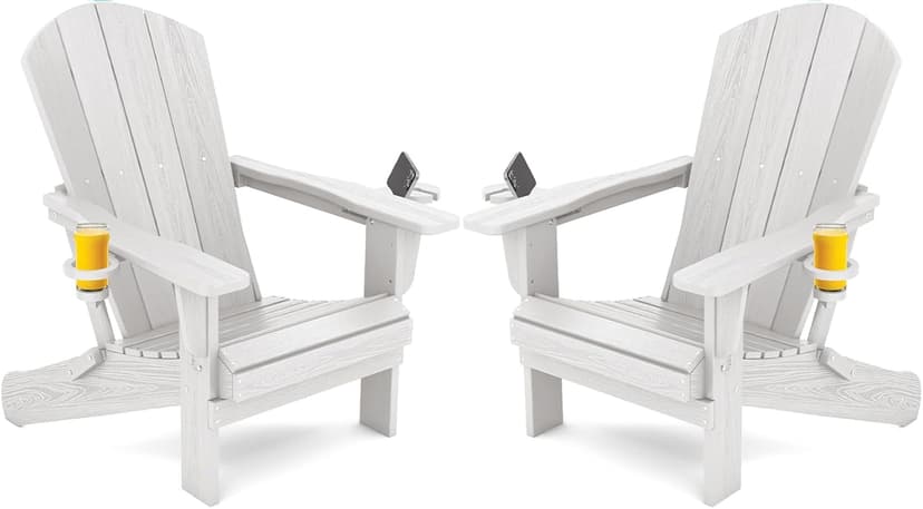 SERWALL Adirondack Chair with Cup Holders - Composite Adirondack Chairs Set of 2 HDPE Outdoor Chairs All Weather Use- White
