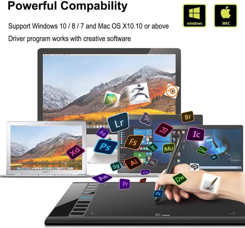 Graphics Drawing Tablet, UGEE M708 10 x 6 inch Large Drawing Tablet with 8 Hot Keys, Passive Stylus of 16384 Levels Pressure, UGEE M708 Graphics Tablet for Paint, Design, Art Creation Sketch
