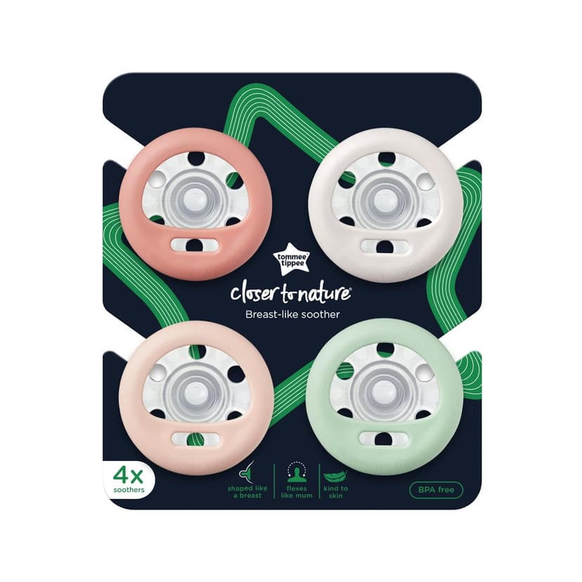 Tommee Tippee Breast-Like Pacifier, 0-6 Months, Symmetrical Design, Natural Breast-Like Baglet, BPA-Free Binkies, Rose/Green/Cream, Pack of 4