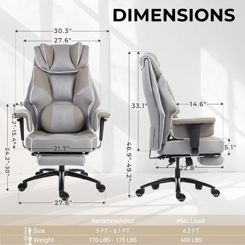 Dowinx Big and Tall Office Chair with Massage Lumbar Support,Executive Office Chair with Wide Thick Seat Cushion and Adjustable Armrest,Mesh Computer Gaming Chairs with Footrest,Grey