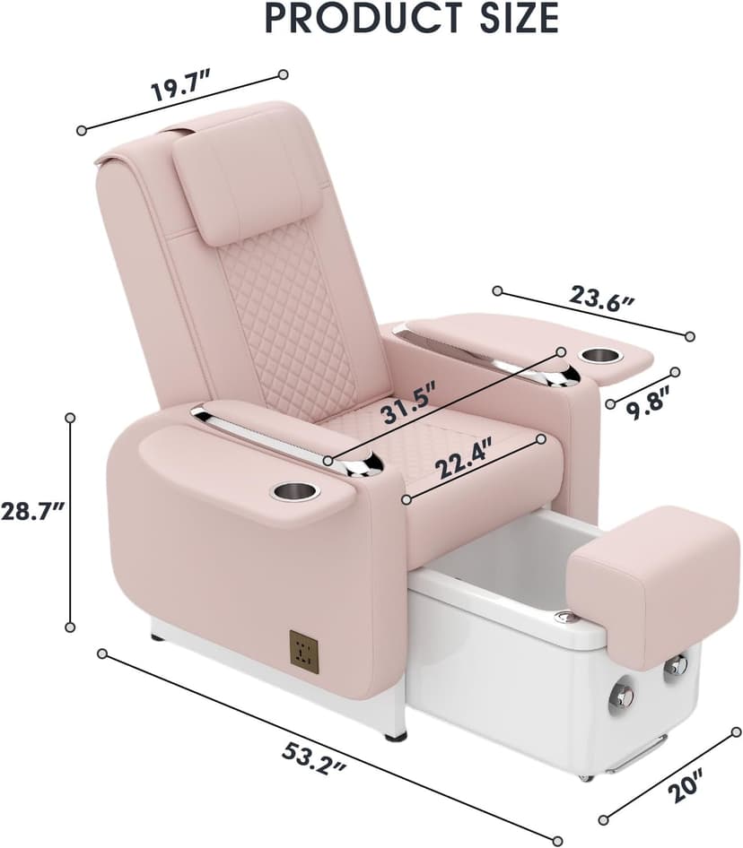 Artist hand Spa Chair with Foot Spa Basin, Manicure & Massage Chair, Electric Recline, 4-Head Back Massage, Hot/Cold Water Controls, LED Light & Jet Tub, Fast Drain Pump, Pull-Out Bowl (Pink)
